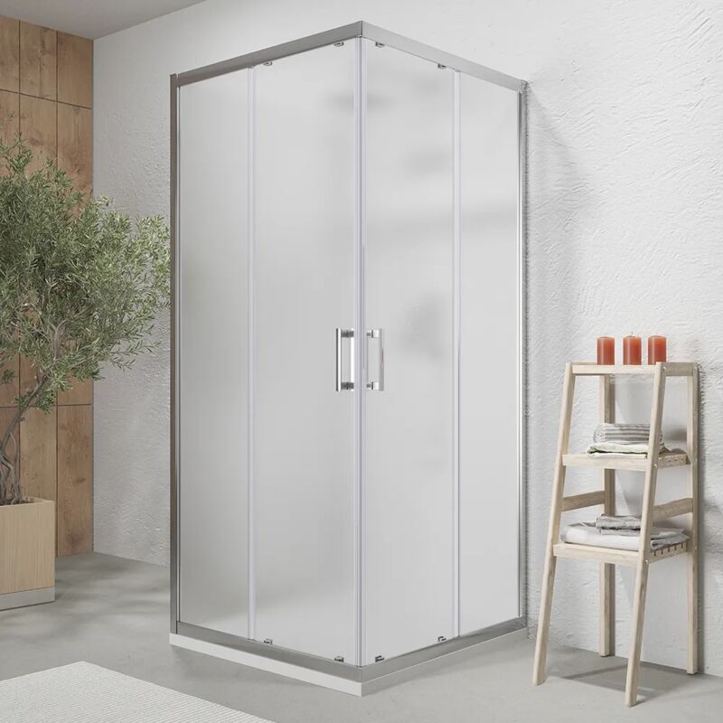 foto del prodotto box doccia 3 lati 80x120x80 cm con doppia anta scorrevole e parete fissa profili in alluminio cromato vetro opaco 6 mm h190 reversibile mod. tremiti