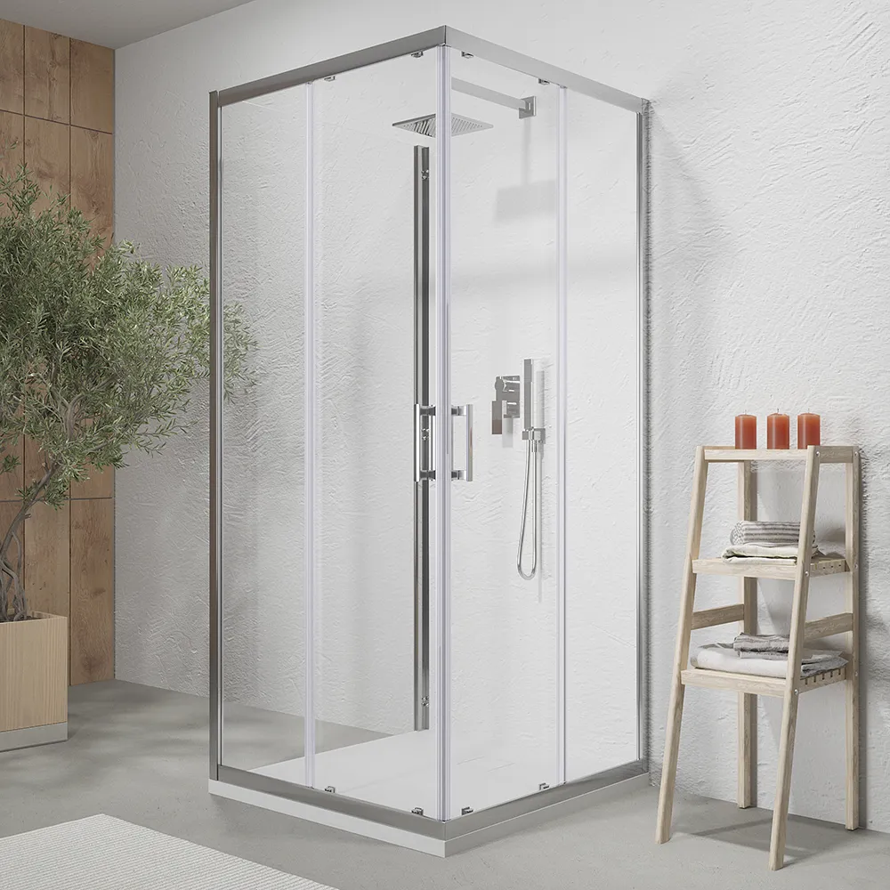foto del prodotto box doccia 3 lati 80x120x80 cm con doppia anta scorrevole e parete fissa profili in alluminio cromato vetro trasparente 6 mm h190 reversibile mod.