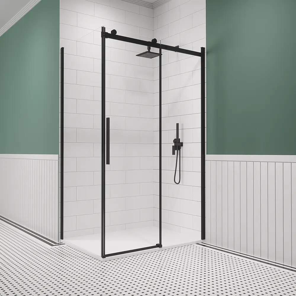 foto del prodotto box doccia 70x150 cm scorrevole vetro 8mm trasparente profili nero opaco h195cm creta