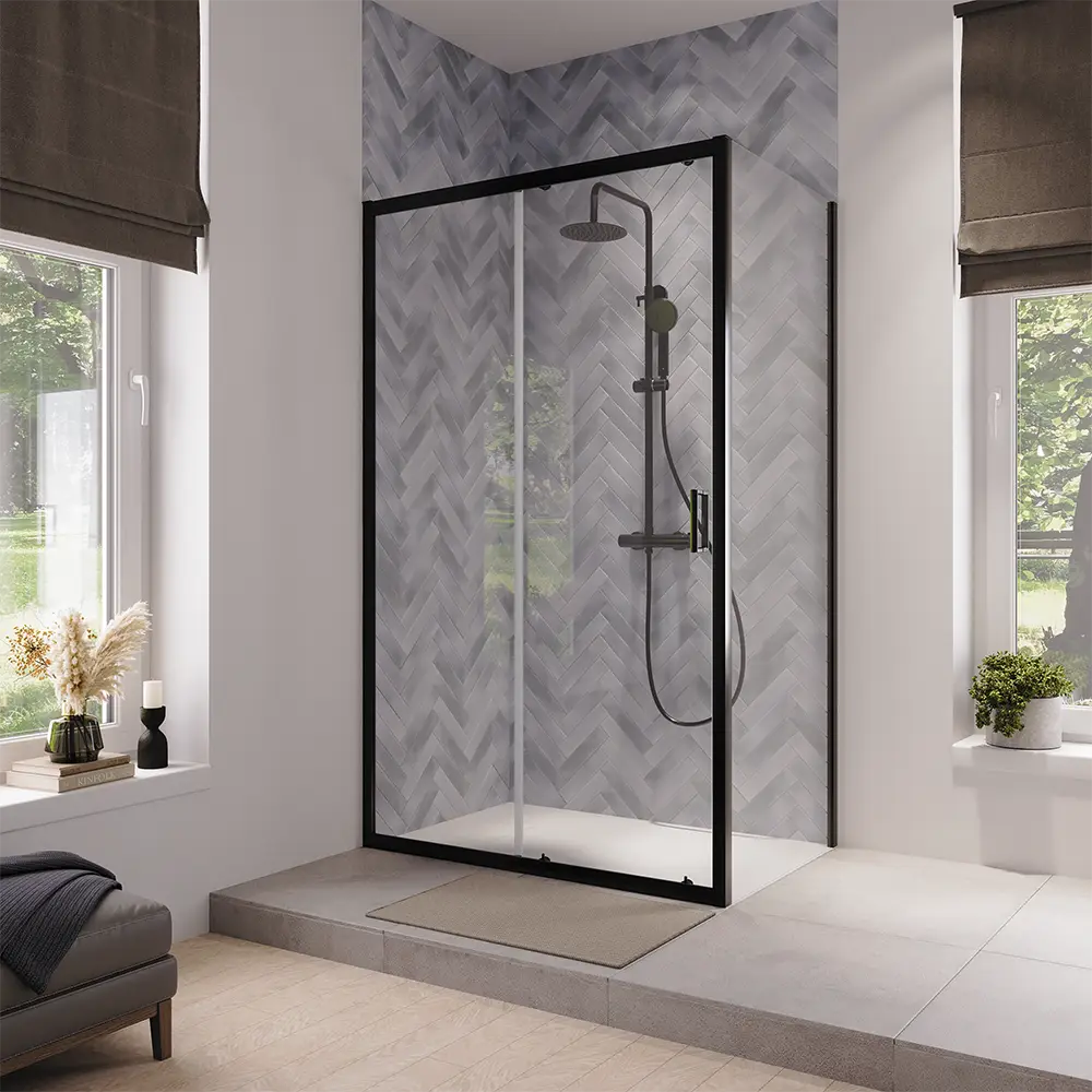 foto del prodotto box doccia 90x140 cm scorrevole vetro 6mm trasparente profili nero opaco lipari