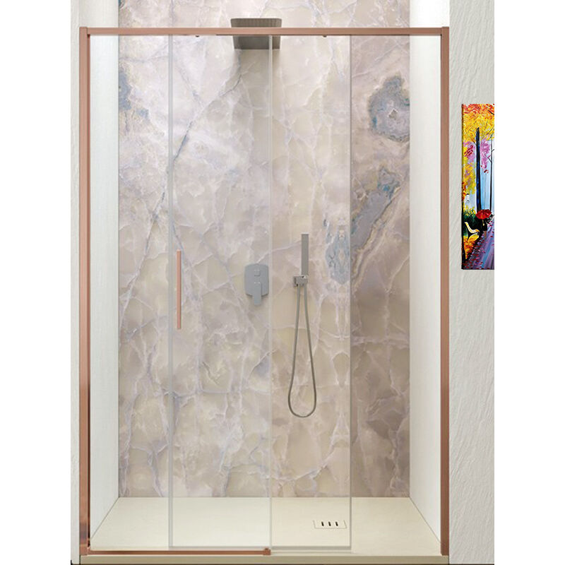 foto del prodotto box doccia a nicchia scorrevole vetro trasparente 6mm h200 style misure 150 profilo oro rosa vetro trasparente