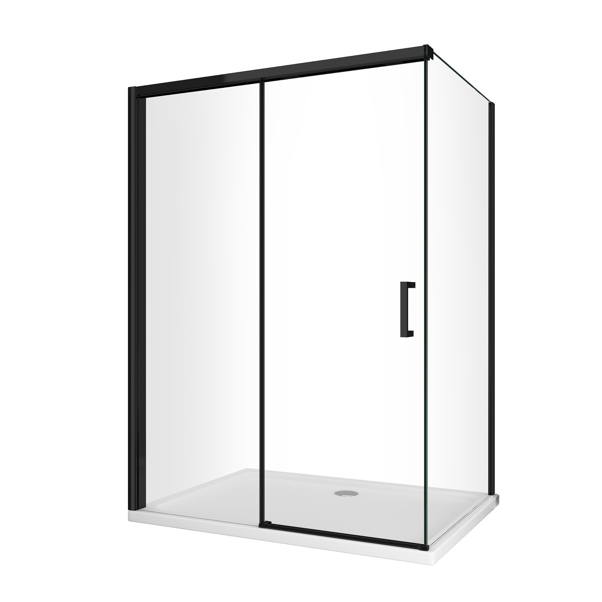 foto del prodotto box doccia ad angolo con parete fissa laterale e porta frontale con chiusura soft close ammortizzata h 200 8 mm telaio nero opaco cm 80 78 80 x 170 167 170 