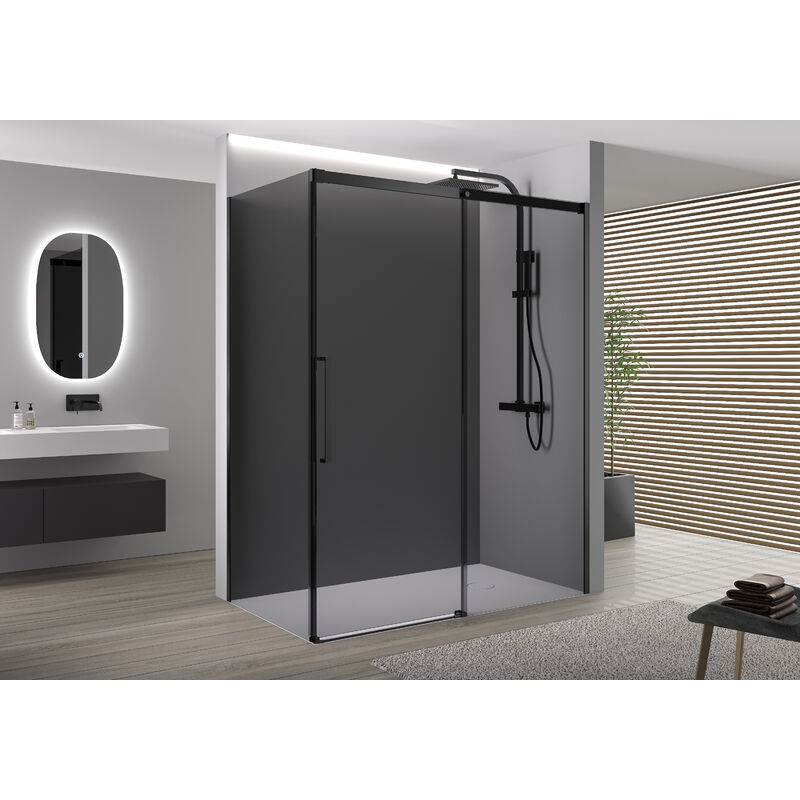 foto del prodotto box doccia ad angolo con porta doccia scorrevole e elemento laterale dx906 flex nero opaco vetro grigio nano da 8 mm larghezza selezionabile