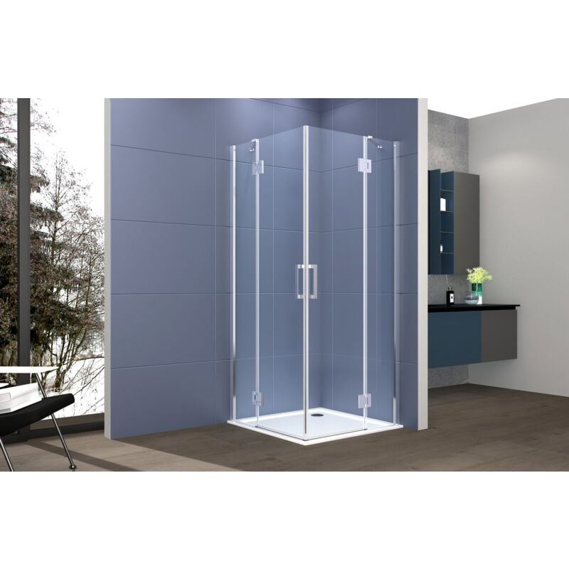 foto del prodotto box doccia angolare 100x100 cm apertura due ante battenti h200 cm cristalli trasparente 6mm profilo cromato gioia