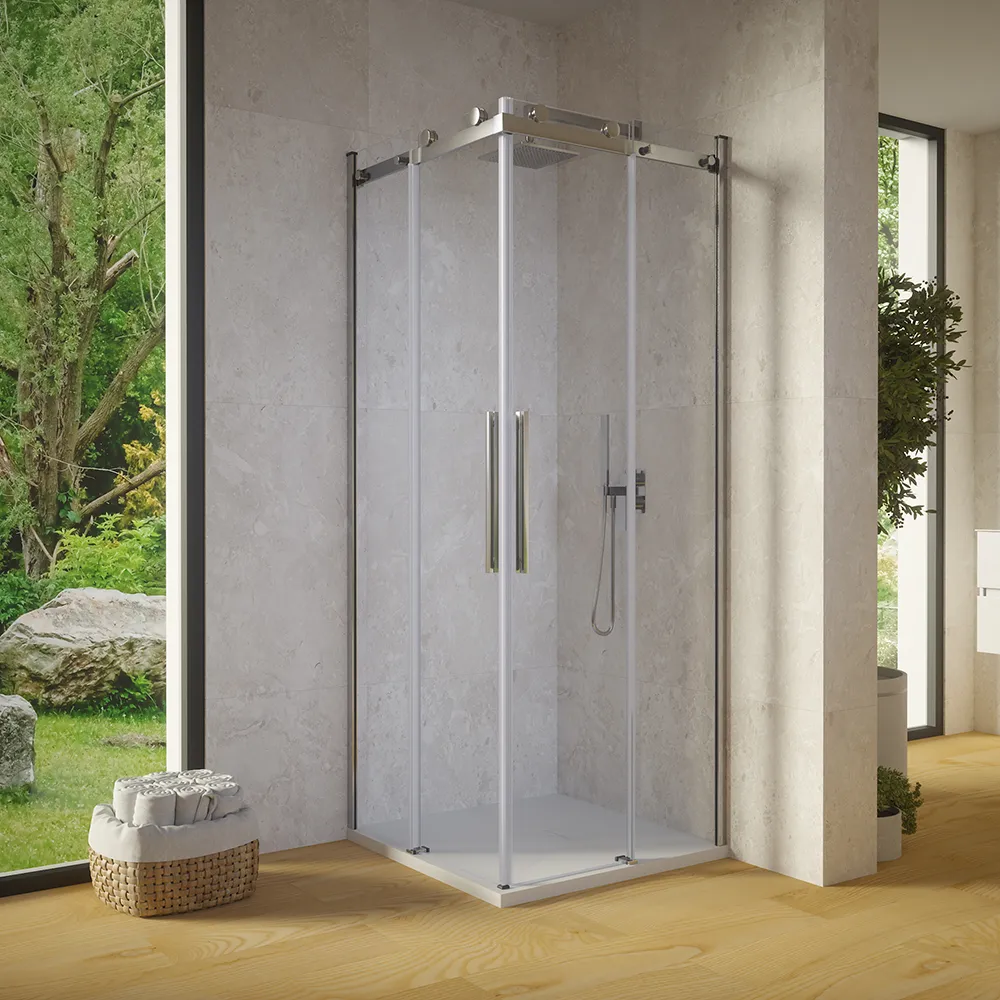 foto del prodotto box doccia angolare 120x120cm due ante scorrevoli vetro 8mm trasparente profili cromati h195 creta