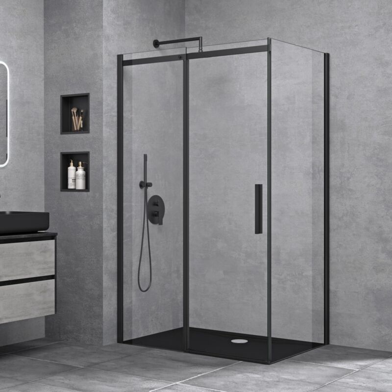 foto del prodotto box doccia angolare 70x110 cm cabina doccia con porta scorrevole in vetro temperato esg trasparente con rivestimento easy clean profilo nero opaco