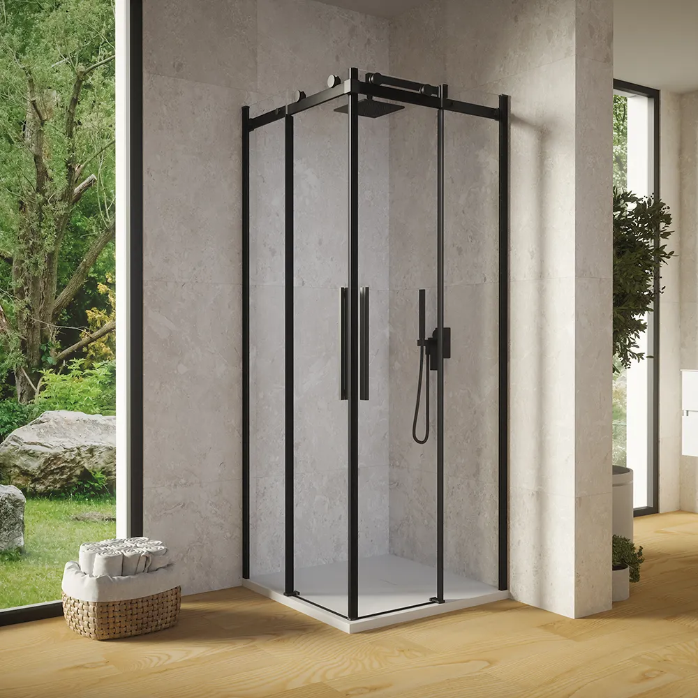 foto del prodotto box doccia angolare 70x120cm due ante scorrevoli vetro 8mm trasparente profili in alluminio nero opaco h195 con trattamento easy clean reversibile