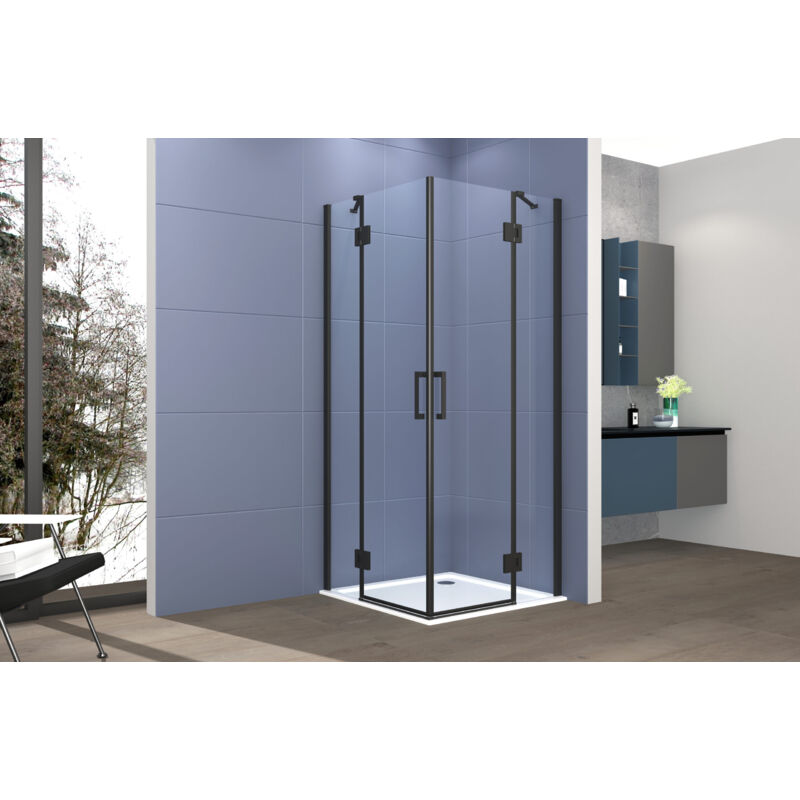 foto del prodotto box doccia angolare 80x100 cm apertura due ante battenti h200 cm cristalli trasparente 6 mm profilo nero opaco gioia