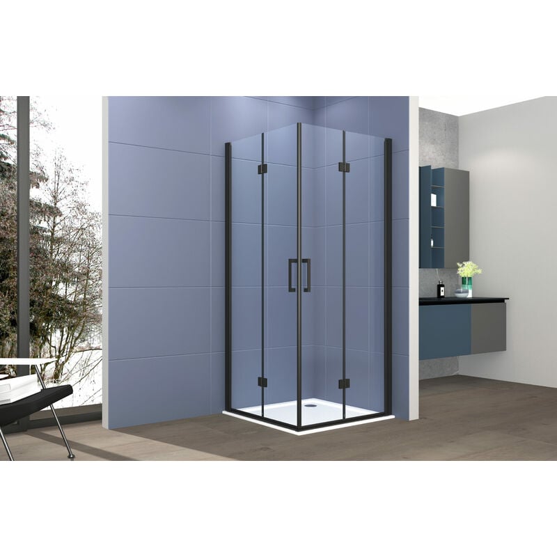 foto del prodotto box doccia angolare 80x120 cm apertura due porte soffietto h200 cm cristalli trasparente 6mm profilo nero opaco elio