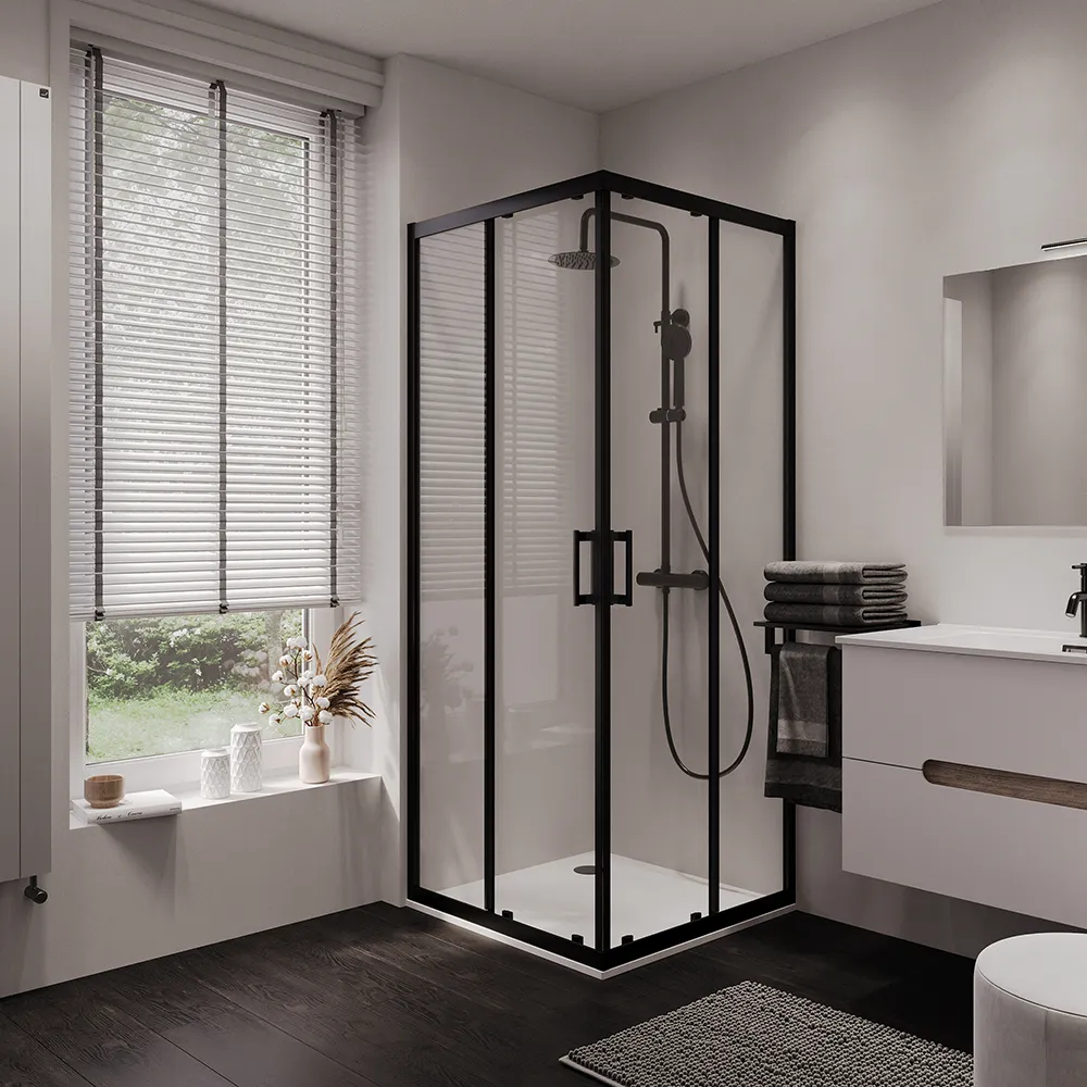 foto del prodotto box doccia angolare 90x90 cm due ante scorrevoli profili neri vetro trasparente h190 cm java