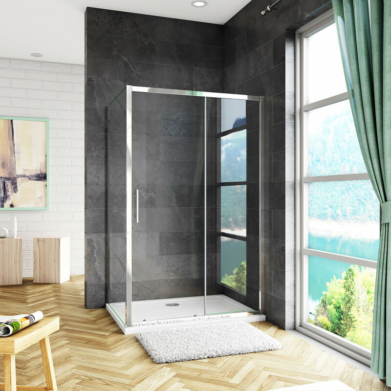 foto del prodotto box doccia angolare alto 185 cm porta scorrevole con parete fissa vetro temperato trasparente 5 mm telaio cromato lucido 120x90cm