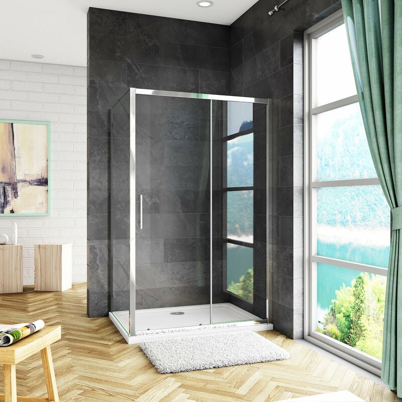 foto del prodotto box doccia angolare alto 185 cm porta scorrevole con parete fissa vetro temperato trasparente 5 mm telaio cromato lucido 140x80cm