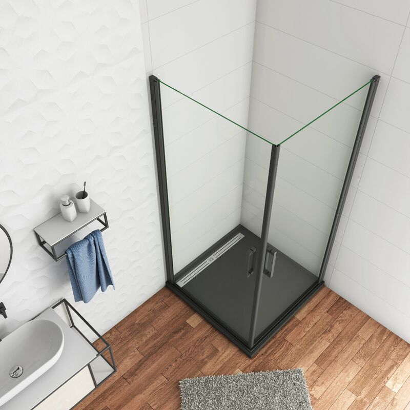 foto del prodotto box doccia angolare doppie porte apertura a battente saloon vetro trasparente anticalcare 8 mm profilo nero opaco 90x80x200 cm