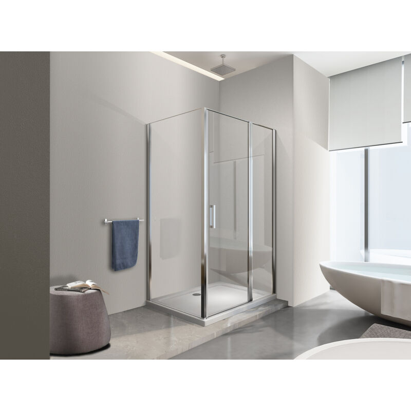 foto del prodotto box doccia angolare parete fissa e porta battente e fisso in linea vetro 6 mm reversibile misura fisso 76,5 79 porta 117 120 35 65 nala