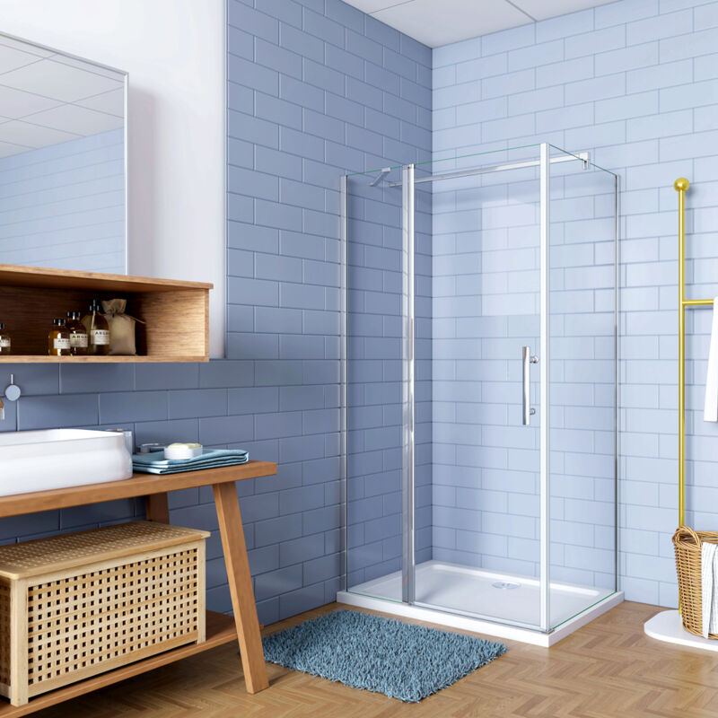 foto del prodotto box doccia angolare porta battente con parete fissa 100x100x195cm in vetro temperato 6 mm anticalcare con 2 barre stabilizzatrici telaio cromo lucido