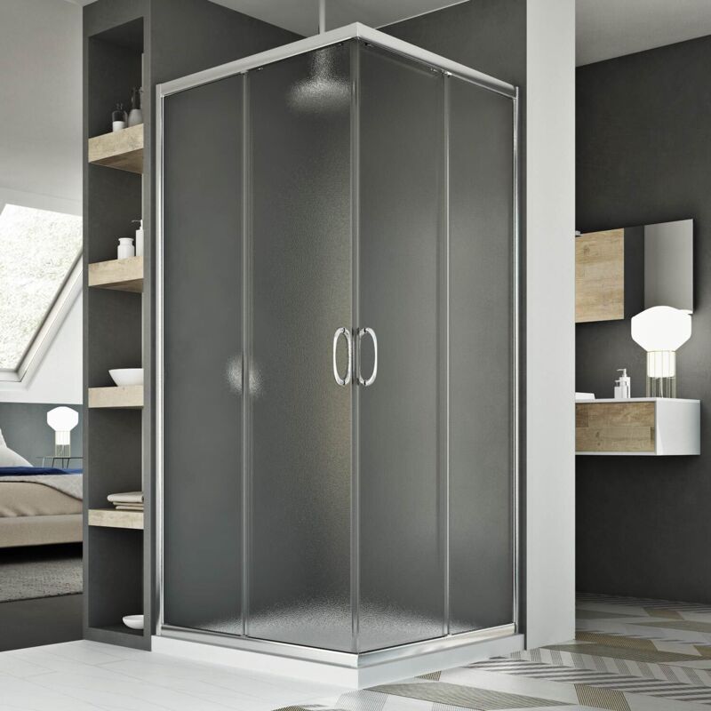 foto del prodotto box doccia angolare scorrevole vetro stampato h 185 mod. junior 90x90 cm quadrato