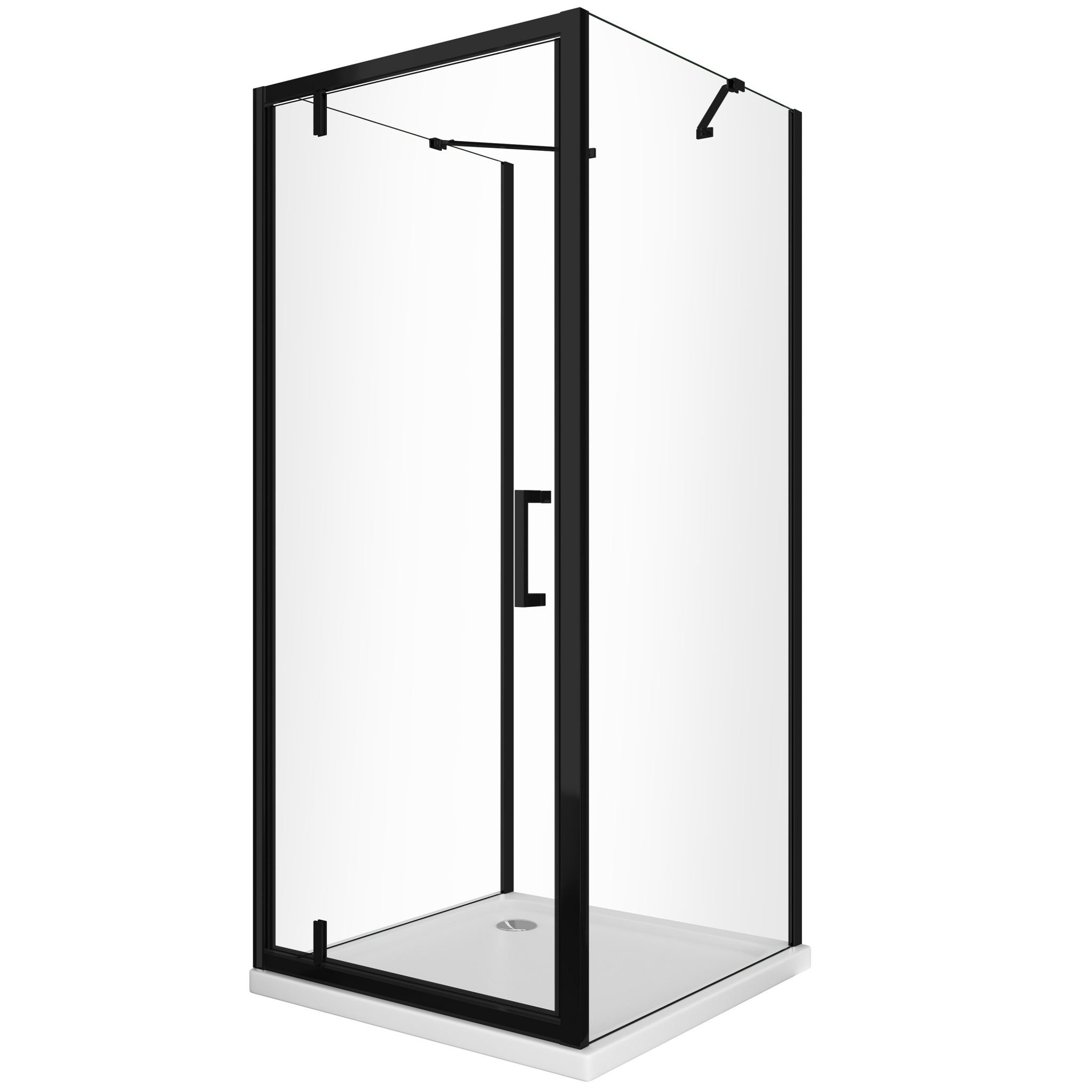 foto del prodotto box doccia con due pareti fisse laterali e porta battente frontale roto traslante 8 mm h 200 nero opaco misura 80 78 80 fisse porta 85 83 86 