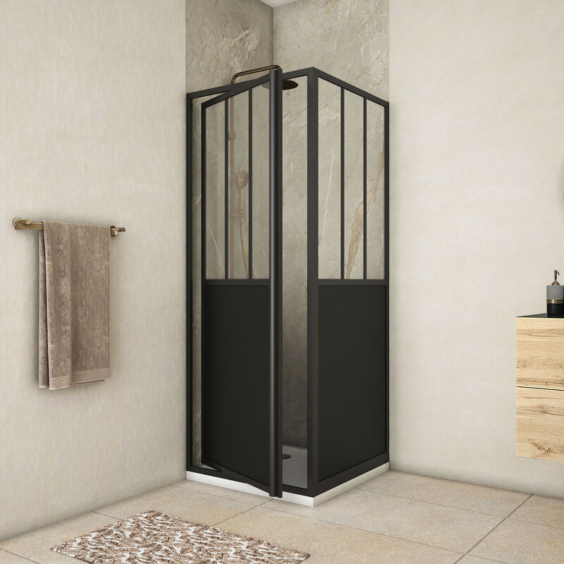 foto del prodotto box doccia con porta girevole e una parete fissa tipo atelier nero opaco 80x80x200 cm