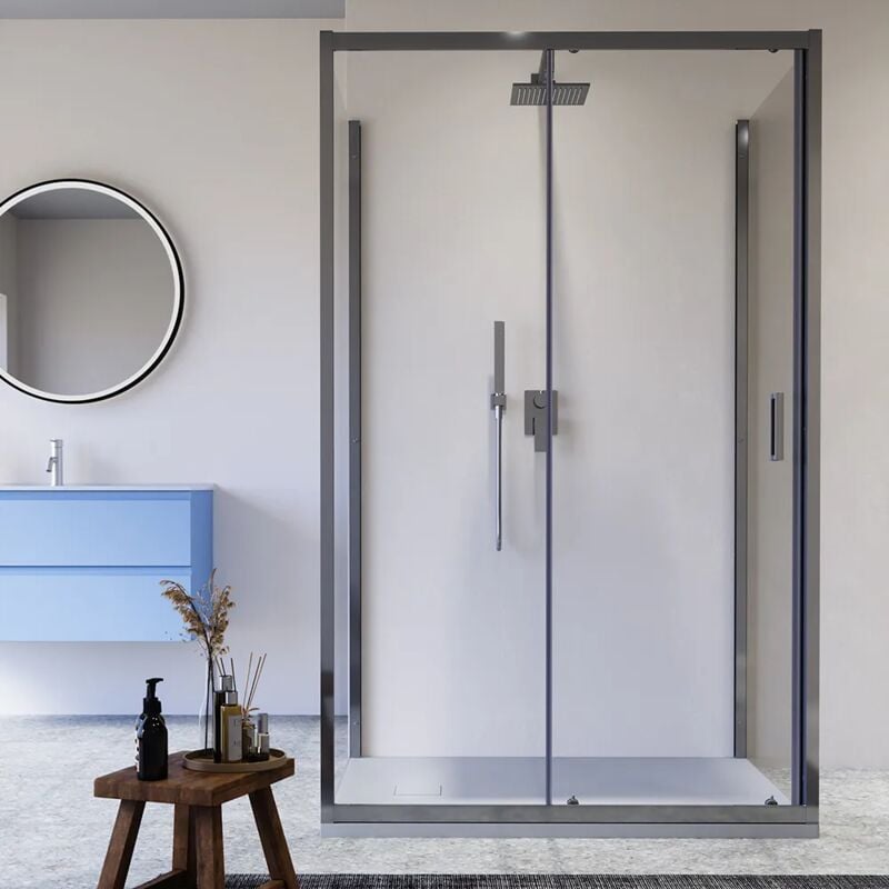 foto del prodotto box doccia cromato 3 lati 90x130x90cm con porta scorrevole e doppia parete fissa vetro 6mm trasparente h185cm - reversibile mod. madagascar