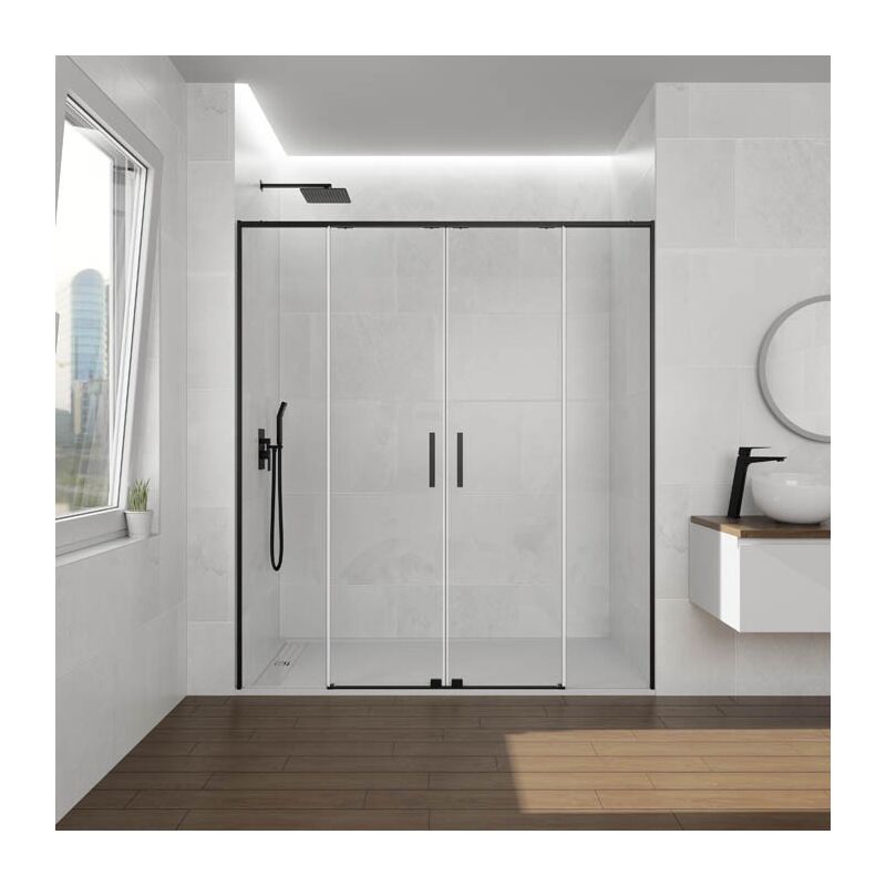 foto del prodotto box doccia frontale twenty nero con apertura centrale, 2 pannelli fissi con 2 porte scorrevoli, profilo nero opaco misura di installazione 141 - 151