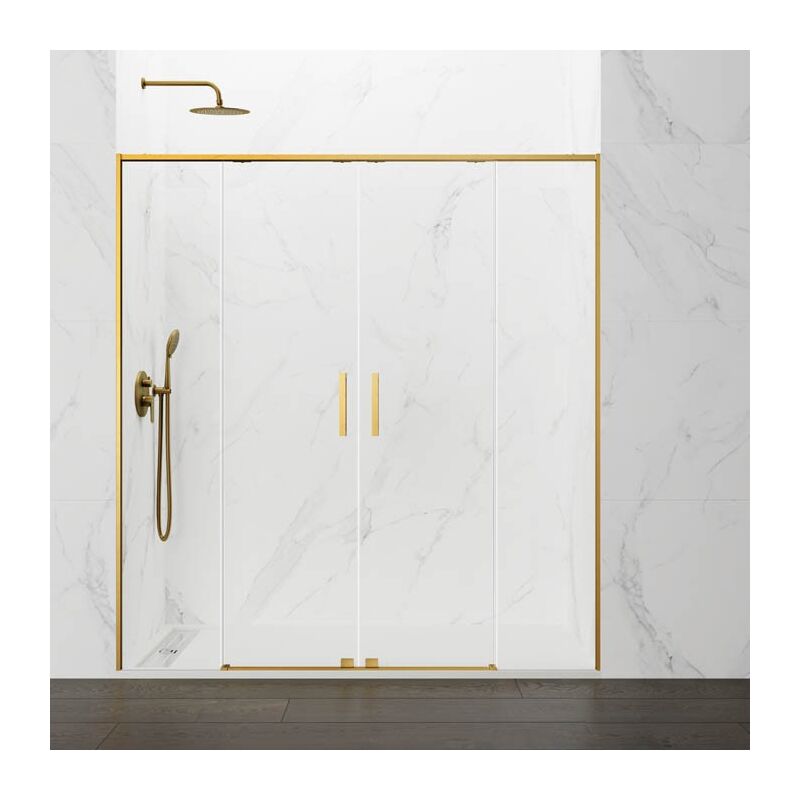 foto del prodotto box doccia frontale twenty oro con apertura centrale, 2 pannelli fissi con 2 porte scorrevoli, profilo oro spazzolato misura di installazione 171
