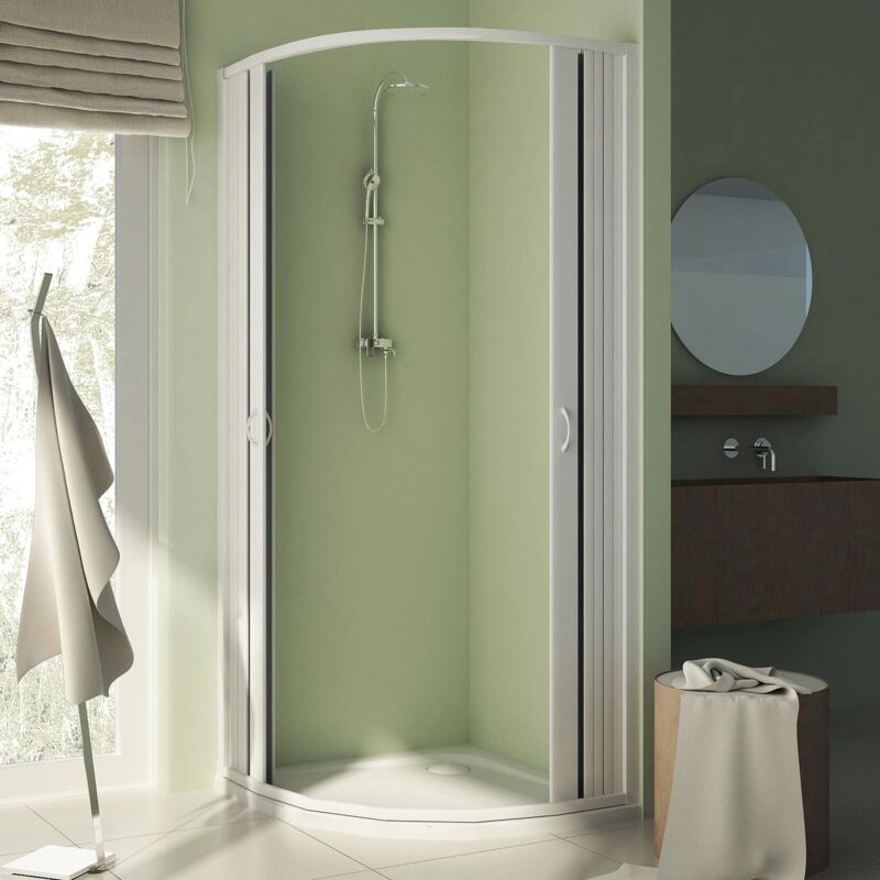 foto del prodotto box doccia giove in pvc semicircolare angolare 2 lati apertura scorrevole centrale a soffietto doppia anta 75 x 75 x h185 cm raggio 38cm 