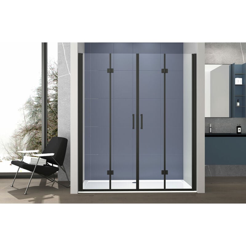 foto del prodotto box doccia nicchia 140 cm porta due battenti soffietto h200 cm cristallo 6mm profilo nero opaco dino