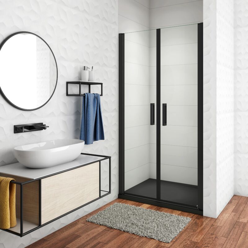 foto del prodotto box doccia per nicchia doppia porta battente saloon in vetro 8 mm temperato trasparente anticalcare telaio nero opaco 80x200 cm