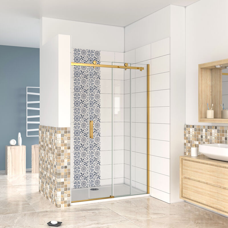 foto del prodotto box doccia per nicchia porta scorrevole ingresso laterale in vetro 8 mm temperato trasparente anticalcare telaio cromato lucido finitura oro 110x195