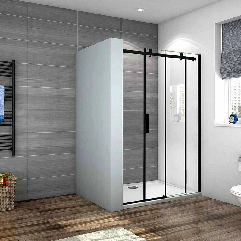 foto del prodotto box doccia porta per nicchia scorrevole vetro 8mm temperato trasparente anticalcare telai in alluminio nero opaco 100x200cm