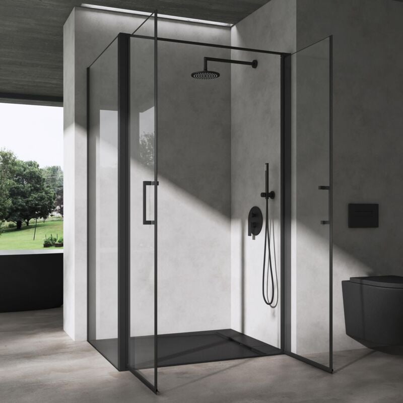 foto del prodotto box doccia rettangolare 100x90x195cm cabina doccia ad angolo con doppia porta battente in vetro temperato trasparente e profilo nero ravenna66k