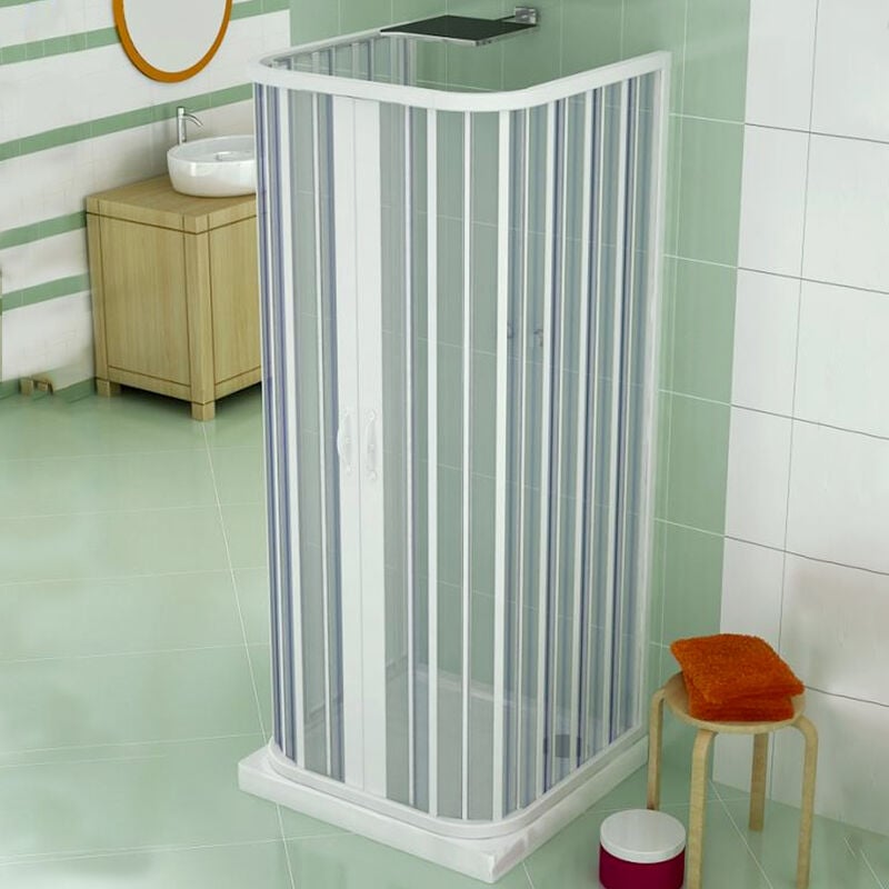 foto del prodotto box doccia saturnia in pvc 3 lati apertura scorrevole centrale doppia anta a soffietto 90 x 90 x 90 x h185 cm