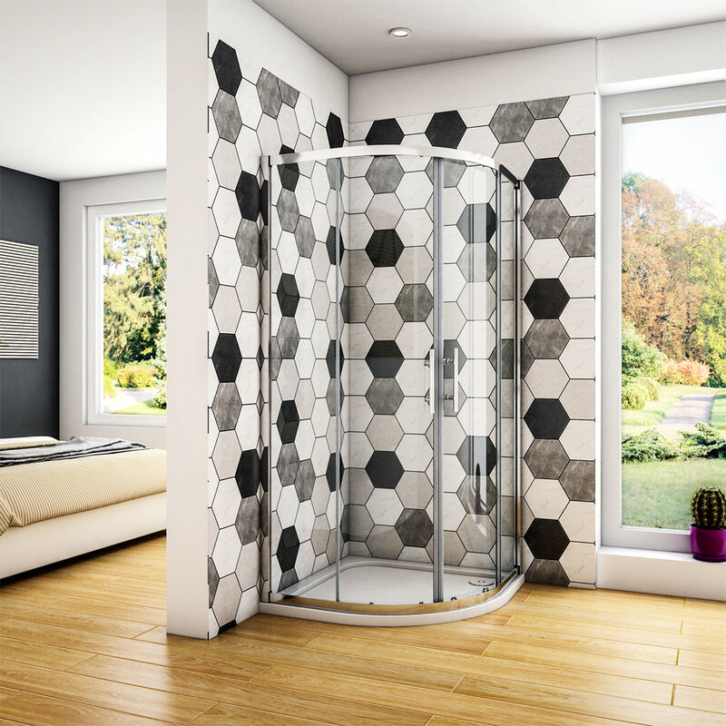 foto del prodotto box doccia semicircolare alto 185 cm porta scorrevole vetro temperato 6 mm trasparente anticalcare completo di piatto doccia da 80x80 cm