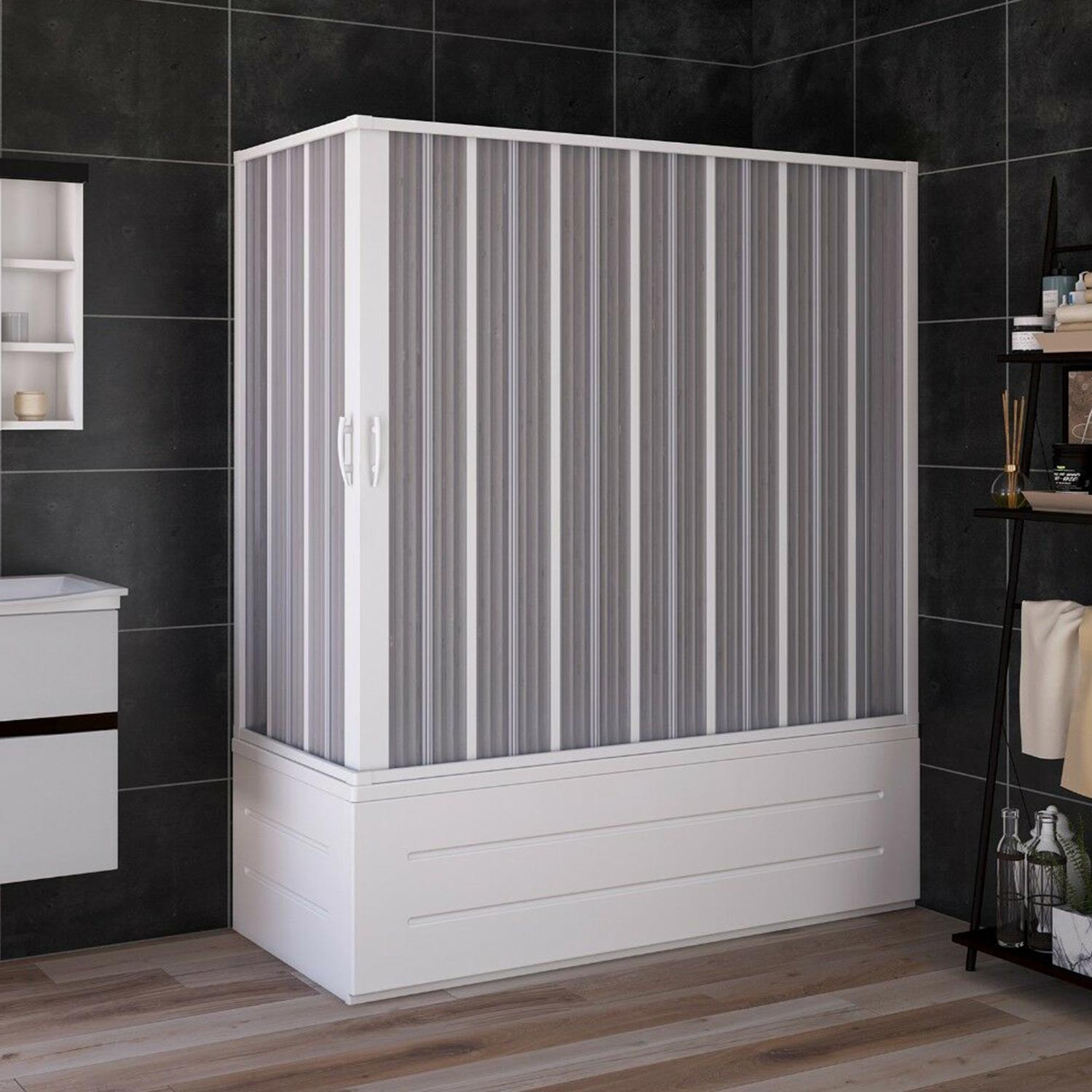 foto del prodotto box doccia sopravasca 70x170 cm in pvc a soffietto con apertura centrale h 150 cm colore bianco mod. flex
