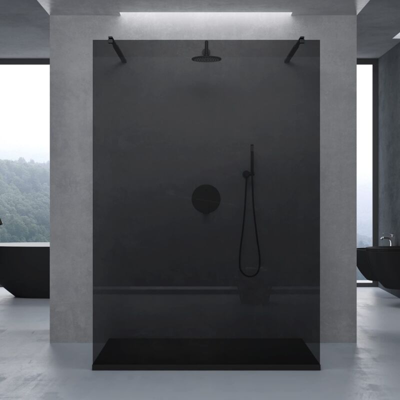 foto del prodotto box doccia walk in 140x200cm, parete doccia anticalcare in vetro grigio 8mm con bracci sostegni telescopici in acciaio mmbr3 nero doporro