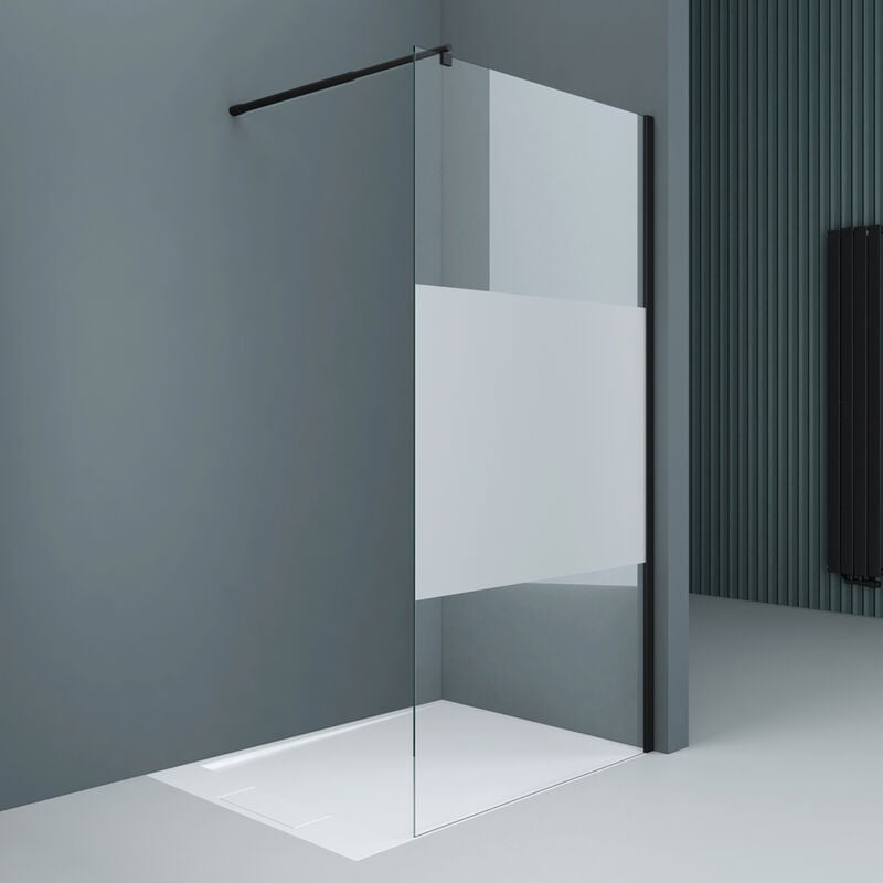foto del prodotto box doccia walk in 50x200cm, parete doccia anticalcare in vetro parzialmente smerigliato 10mm con braccio sostegno telescopico in acciaio nero