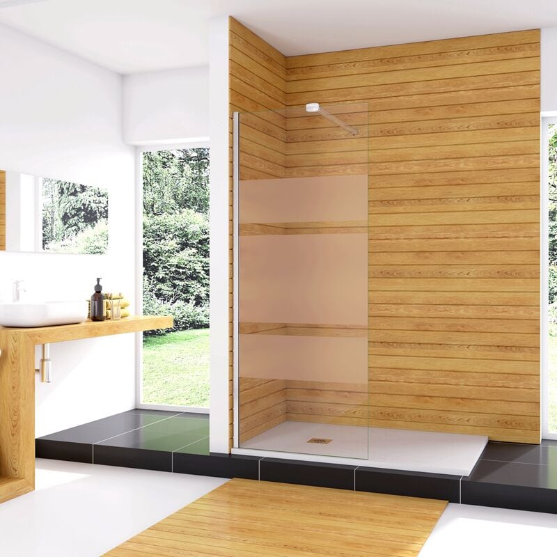 foto del prodotto box doccia walk in 70x190 cm parete fissa in vetro temperato 6 mm anticalcare multi fasce satinate opache con barra stabilizzatrice 90 cm cromo lucido