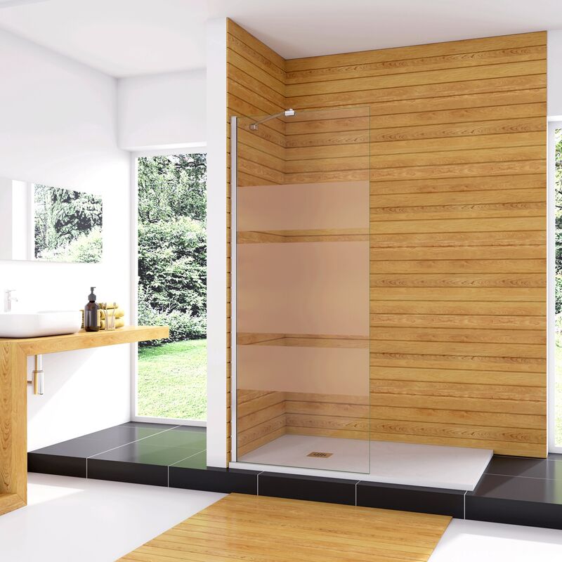 foto del prodotto box doccia walk in 90x190 cm parete fissa in vetro temperato 6 mm anticalcare multi fasce satinate opache con barra stabilizzatrice 45 cm cromo lucido