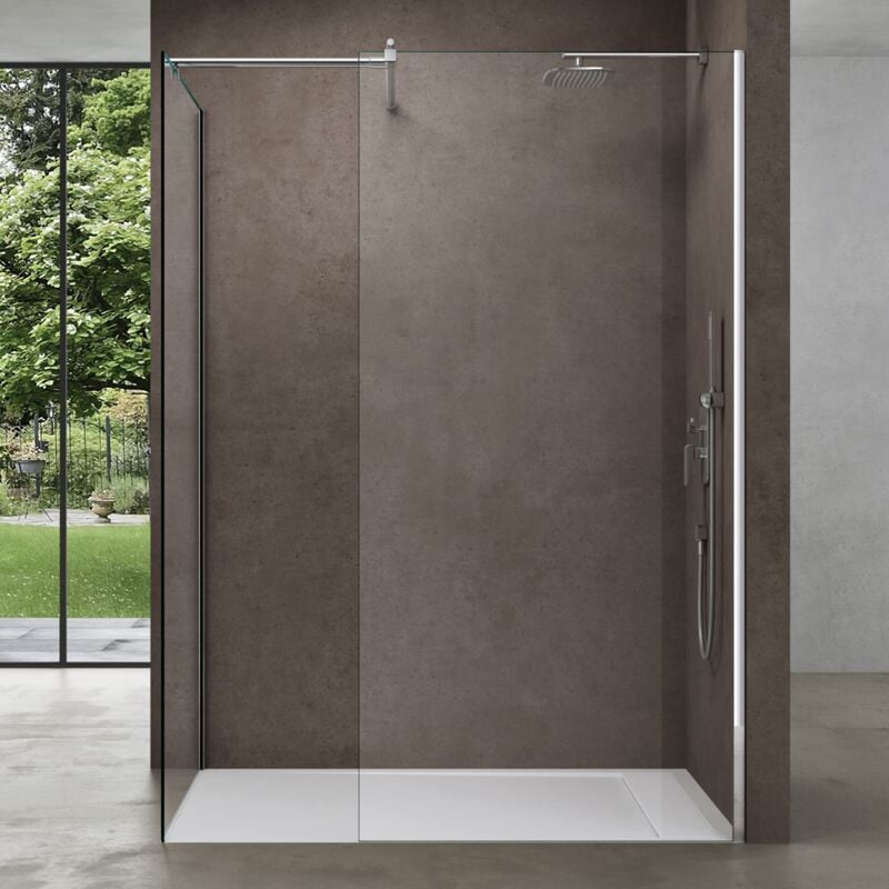 foto del prodotto box doccia walk in due lati fissi 90x120cm, parete doccia anticalcare in cristallo trasparente da 8mm con braccio sostegno telescopico in acciaio