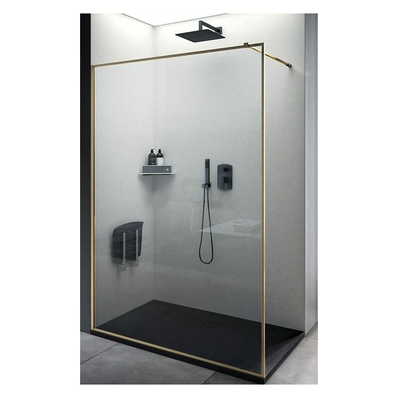 foto del prodotto box doccia walk in vetro trasparente profilo nero oro spazzolato 8mm h200 favignana 100 oro spazzolato