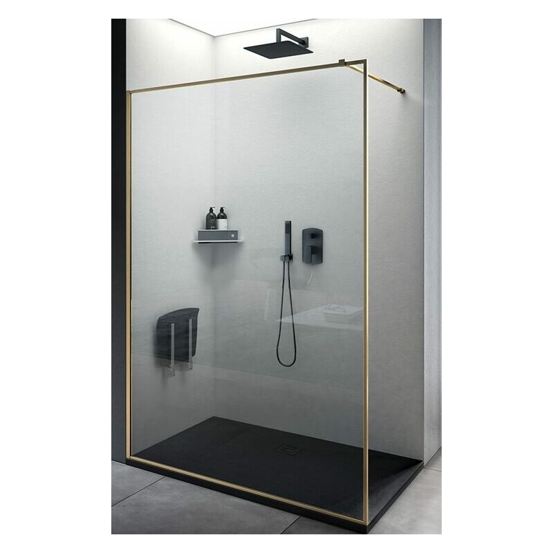 foto del prodotto box doccia walk in vetro trasparente profilo nero oro spazzolato 8mm h200 favignana 120 oro spazzolato