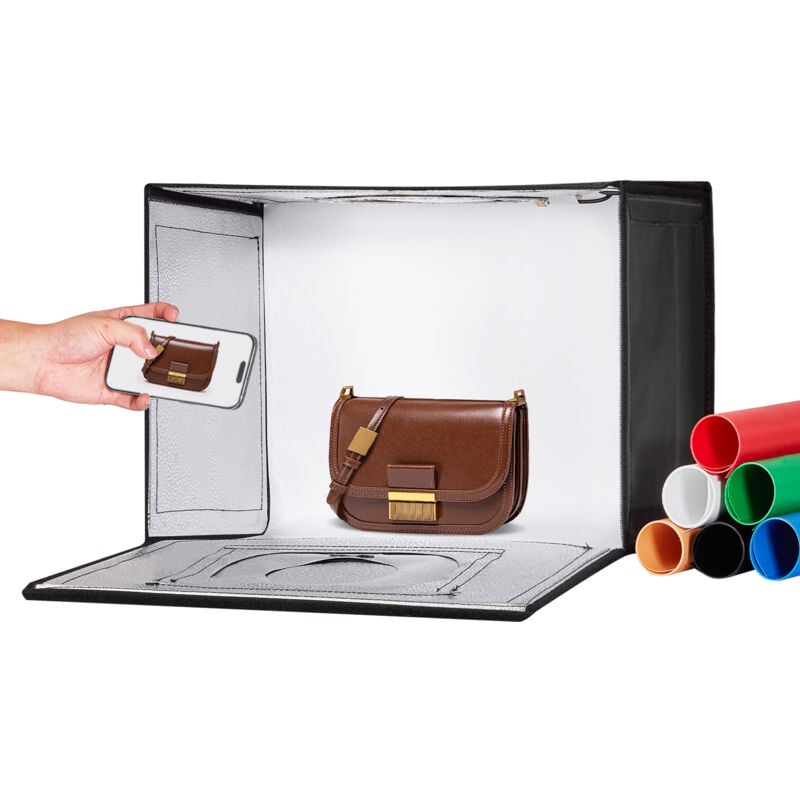 foto del prodotto box fotografico studio scatola luminosa 41x30x30,5 cm, kit light box 3000 5600k, temperatura colore regolabile 120 led 6 fondali, scatola luminosa