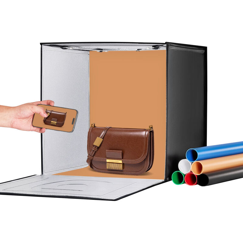 foto del prodotto box fotografico studio scatola luminosa 50,5x49,5cm, kit light box 3000 5600k, temperatura colore regolabile 160 led 6 fondali, scatola luminosa