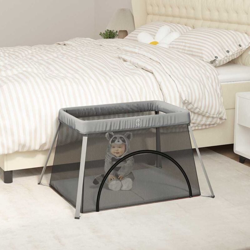 foto del prodotto box per bambini con materasso grigio chiaro tessuto di lino vidaxl