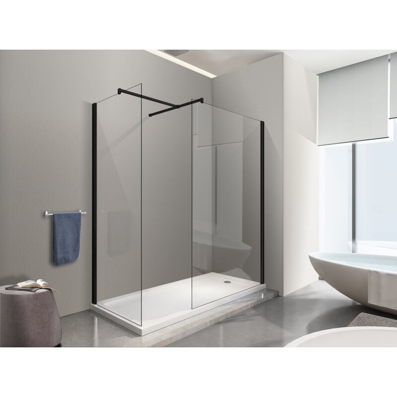 foto del prodotto box per doccia angolare tipo walk in h 200 8mm con vetri trasparenti telaio nero opaco 90x120 reversibile nala