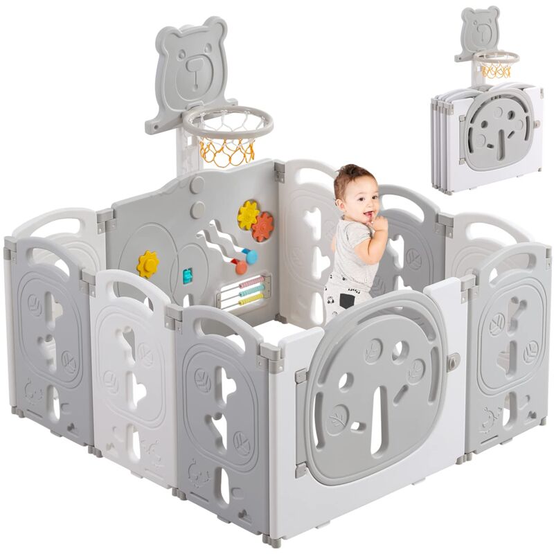 foto del prodotto box pieghevole yoleo per bambini, 8 2 pannelli, con cancelletto di sicurezza e canestro da basket, centro attivit di sicurezza per bambini, in