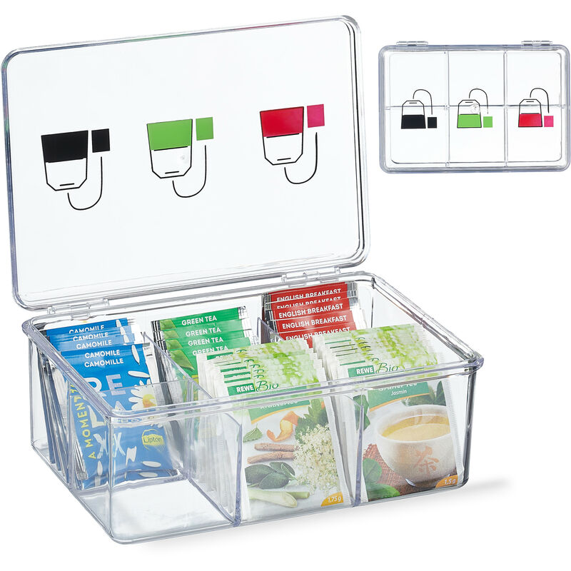 foto del prodotto box porta t e tisane, 6 scomparti, con coperchio, 9x21,5x15 cm, organizer per bustine, plastica, trasparente relaxdays