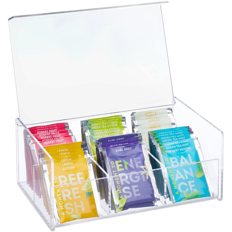 foto del prodotto box porta t e tisane, 6 scomparti, con coperchio, 9x22x14,5 cm, organizer per bustine, acrilico, trasparente, 1 pz relaxdays