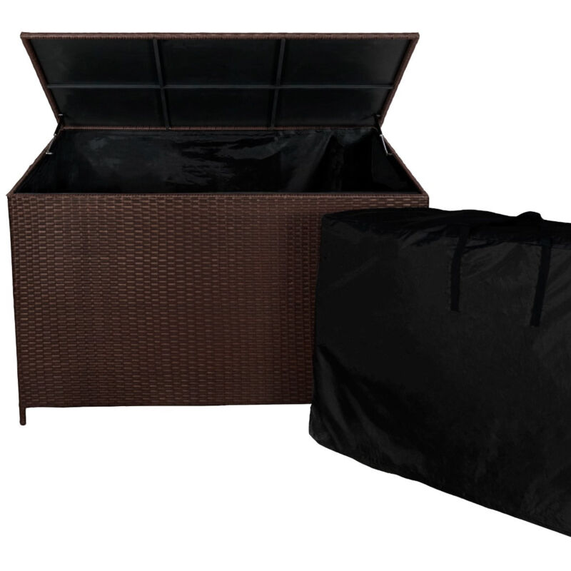 foto del prodotto box portaoggetti cassapanca da giardino in rattan marrone 582l, sollevamento assistito del coperchio telaio in acciaio resistente borsa inclusa