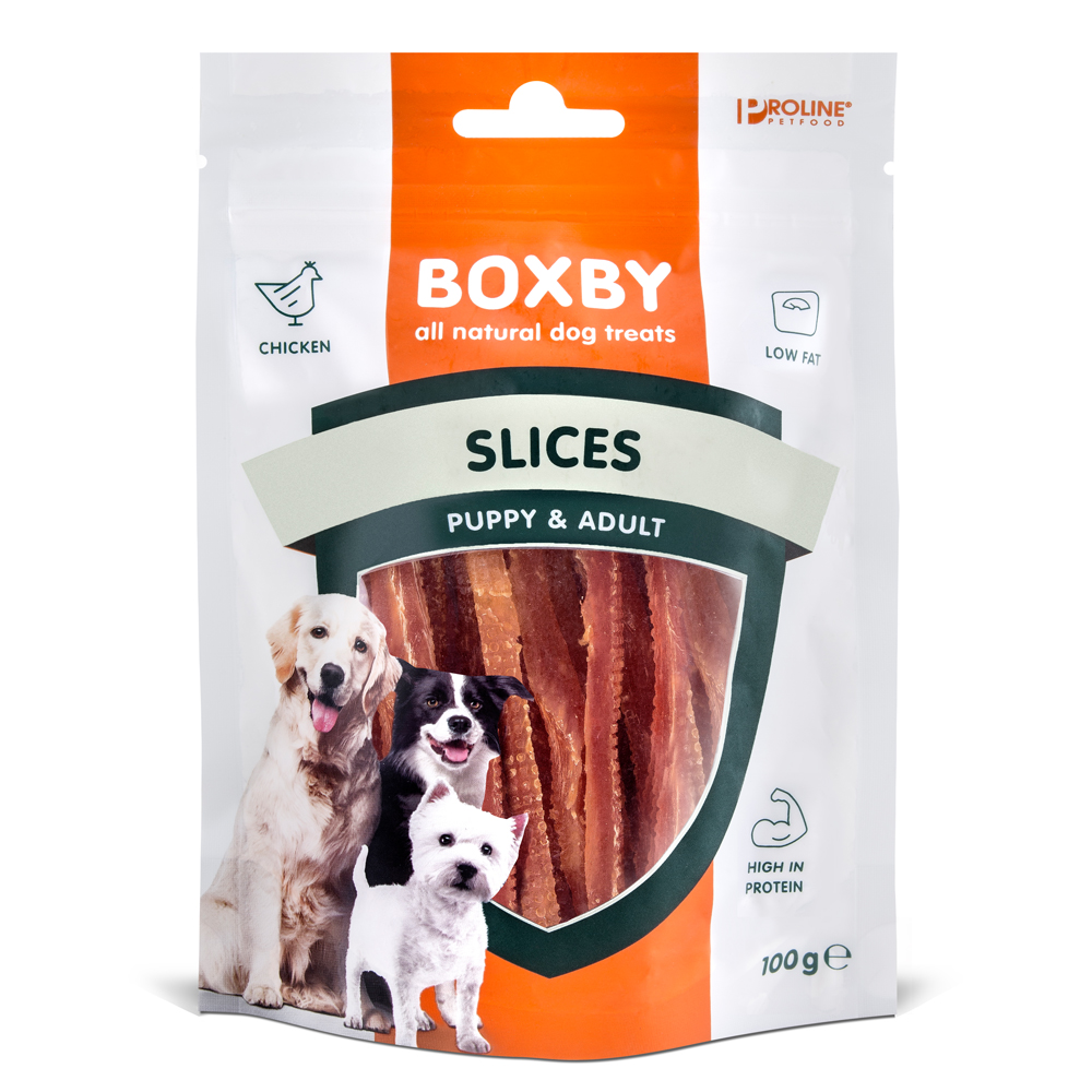 foto del prodotto boxby puppy adult slices al pollo snack per cani 100 g